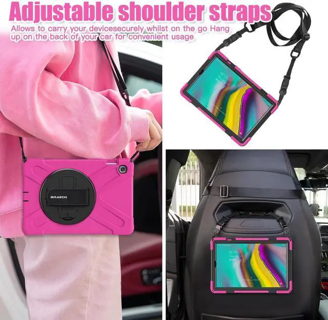 Alt view image 5 of 5 - BRAECNstock for Samsung Galaxy Tab S5e Case 10.5 inch 2019 (SM-T720/T725/T727) Shockproof Protective Galaxy Tab S5e Kids Cover with Screen Protector Rotating Stand & Hand Strap Pen Holder - Rose Red