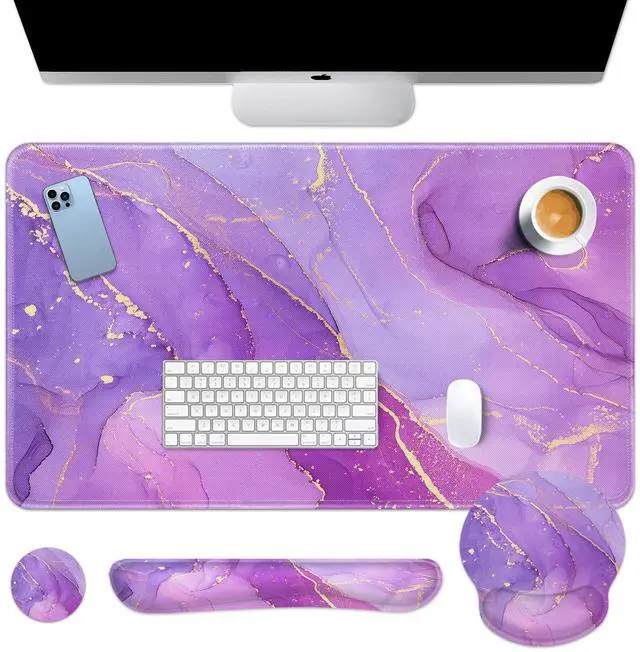 Main image of Britown Desk Mat, Painting Golden Purple Marble Mouse Pad Set 4-in-1 Large Mousepad+Keyboard Wrist Rest+Mouse Wrist Rest+Coaster with Ergonomic Design, Non-Slip Mat