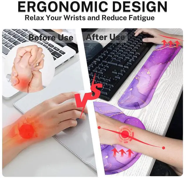 Alt view image 4 of 5 - Britown Desk Mat, Painting Golden Purple Marble Mouse Pad Set 4-in-1 Large Mousepad+Keyboard Wrist Rest+Mouse Wrist Rest+Coaster with Ergonomic Design, Non-Slip Mat