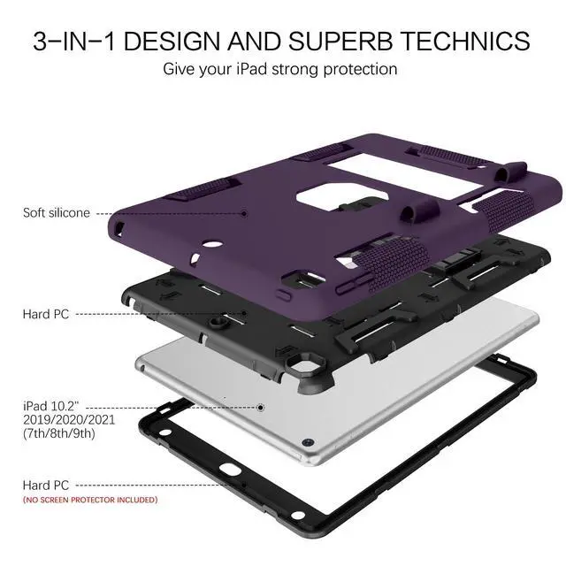 Alt view image 3 of 5 - BENTOBEN for iPad 9th Generation Case, iPad 8th Generation Case, iPad 7th Gen Case, iPad 10.2 2021/2020/2019 Case, 3 in 1 Heavy Duty Rugged Protective Cover with Stand Pen Holder, Deep Purple