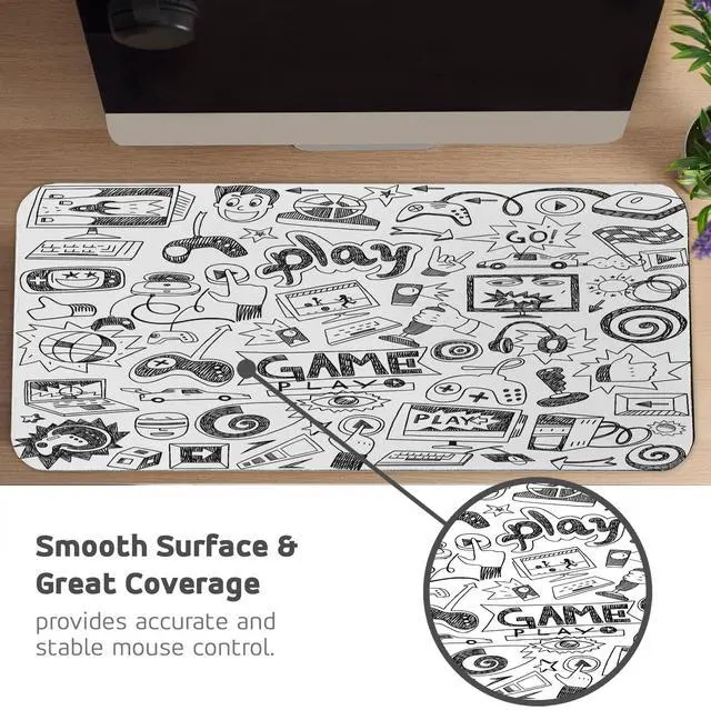 Alt view image 4 of 5 - Ambesonne Video Games Computer Mouse Pad, Monochrome Sketch Style Gaming Design Racing Monitor Device Gadget Teen 90's, Rectangle Non-Slip Rubber Mousepad Large, 31" x 12" Gaming Size, Dimgray White