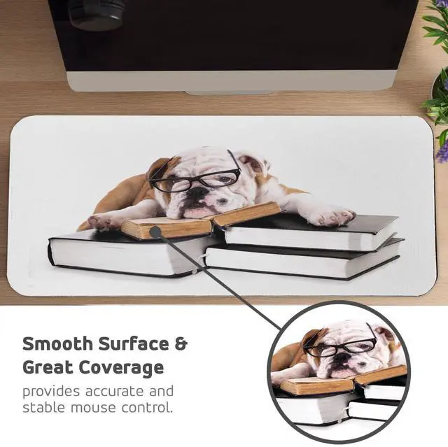 Alt view image 4 of 5 - Ambesonne English Bulldog Computer Mouse Pad, Pure Breed Bulldog with Glasses and Books Hardworking Animal, Rectangle Non-Slip Rubber Mousepad Large, 31" x 12" Gaming Size, Black Pale Brown White