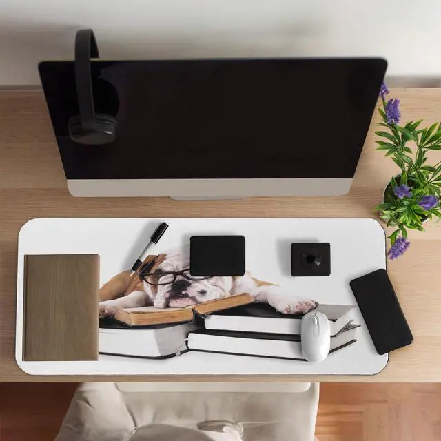 Alt view image 2 of 5 - Ambesonne English Bulldog Computer Mouse Pad, Pure Breed Bulldog with Glasses and Books Hardworking Animal, Rectangle Non-Slip Rubber Mousepad Large, 31" x 12" Gaming Size, Black Pale Brown White