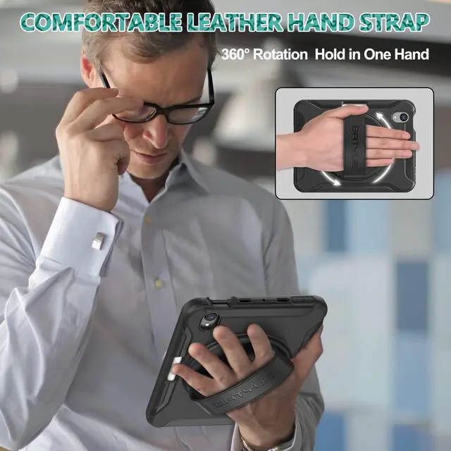 Alt view image 3 of 5 - BATYUE Case for iPad Mini 7 (A17 Pro) 2024/ iPad Mini 6 (A15 Bionic) 2021 8.3 inch, Shockproof Protective Rugged Case with Apple Pencil Charging Pencil Holder/ 360deg Swivel Stand/Hand Strap - Black