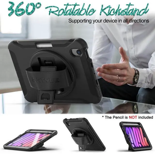 Alt view image 4 of 5 - BATYUE Case for iPad Mini 7 (A17 Pro) 2024/ iPad Mini 6 (A15 Bionic) 2021 8.3 inch, Shockproof Protective Rugged Case with Apple Pencil Charging Pencil Holder/ 360deg Swivel Stand/Hand Strap - Black