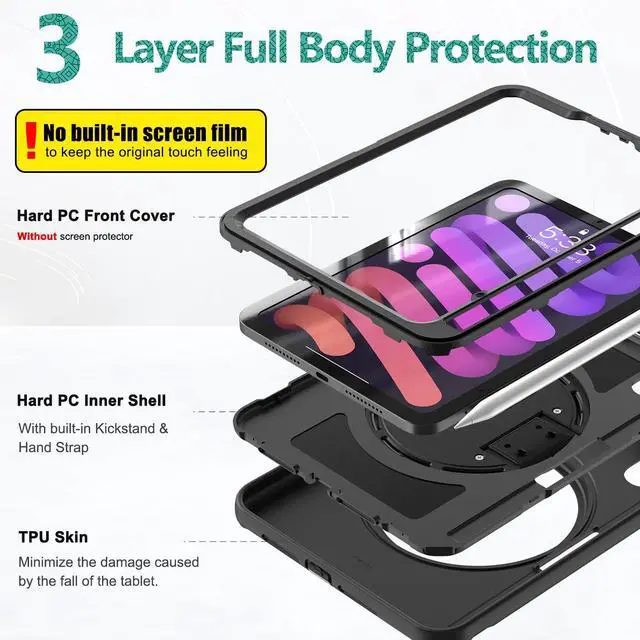Alt view image 5 of 5 - BATYUE Case for iPad Mini 7 (A17 Pro) 2024/ iPad Mini 6 (A15 Bionic) 2021 8.3 inch, Shockproof Protective Rugged Case with Apple Pencil Charging Pencil Holder/ 360deg Swivel Stand/Hand Strap - Black