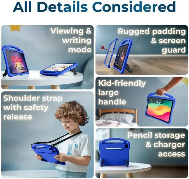 Alt view image 3 of 5 - Bam Bino Space Suit Rugged Kids Case for Apple iPad Pro 13 M4, iPad Air 13 M2/M3 (2024/2025) Case for Kids with Built-in Screen Protector, Handle, Stand, Pencil Holder, Shoulder Strap (Galactic Blue)