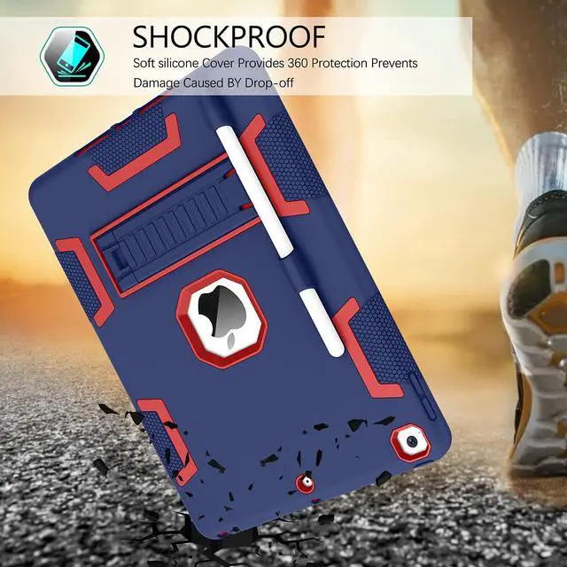 Alt view image 3 of 5 - BENTOBEN iPad 9th Generation Case, 3 in 1 Heavy Duty Rugged Shockproof Kickstand Hybrid Protective Cover with Pen Holder, Navy Blue/Red