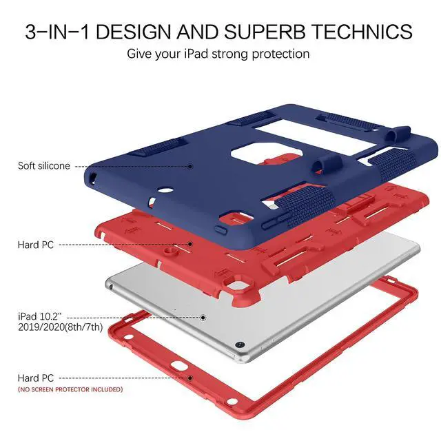 Alt view image 4 of 5 - BENTOBEN iPad 9th Generation Case, 3 in 1 Heavy Duty Rugged Shockproof Kickstand Hybrid Protective Cover with Pen Holder, Navy Blue/Red