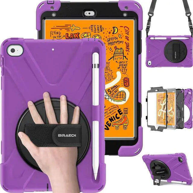 Main image of BRAECN for iPad Mini 5th Generation Case Kids, Rugged Hybrid Protective Case with Shoulder Strap,Hand Strap,Kickstand and Pencil Holder for iPad Mini 5/Mini 4 7.9 Inch-Purple