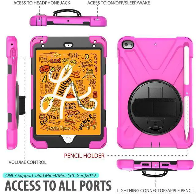 Alt view image 2 of 5 - BRAECN for iPad Mini 5 Case,iPad Mini 4 Case 9.7 inch with 360 Rotating Handle Strap/Kickstand,Shoulder Strap,Built-in Pencil Holder Case for iPad Mini 5th/4th Generation -Rose