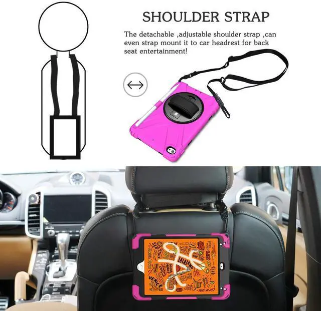 Alt view image 4 of 5 - BRAECN for iPad Mini 5 Case,iPad Mini 4 Case 9.7 inch with 360 Rotating Handle Strap/Kickstand,Shoulder Strap,Built-in Pencil Holder Case for iPad Mini 5th/4th Generation -Rose