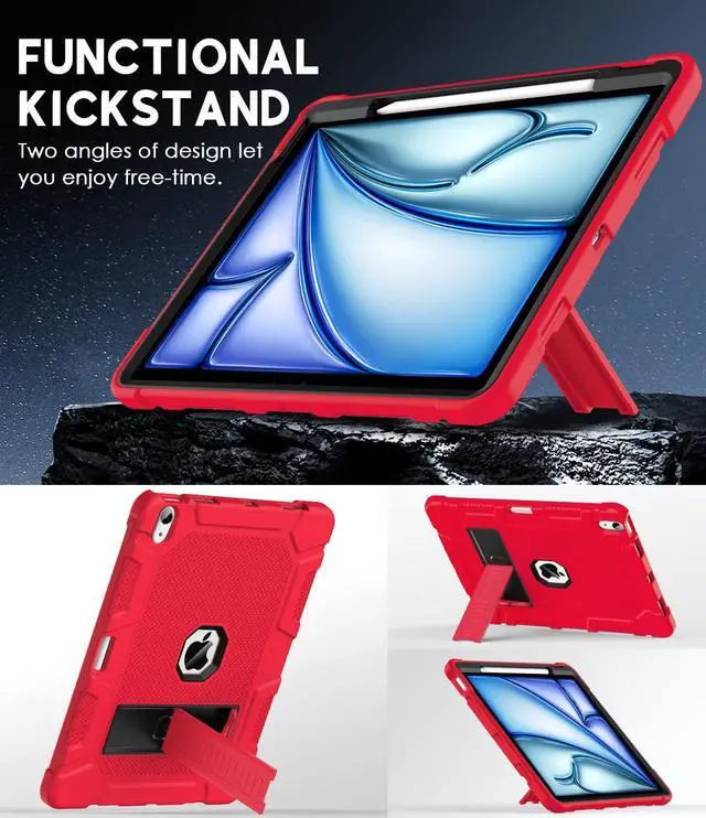 Alt view image 3 of 5 - Azzsy Case for iPad Air 13-inch (M3/M2) 2025/2024, [Built-in Pencil Holder] Heavy Duty Shockproof Rugged High Impact Protective Case for 13 inch iPad Air (2025/2024 Version), Red