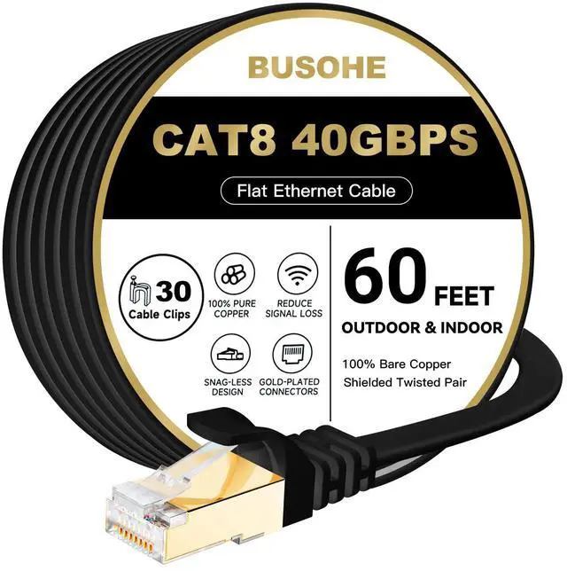Main image of BUSOHE Cat 8 Ethernet Cable 60 FT, 40Gbps 2000MHz Cat8 High Speed Flat Internet Network Patch Cord, SFTP Shielded LAN Wire with Gold Plated RJ45 Connector, with Clips, Outdoor Indoor- 60FT Black