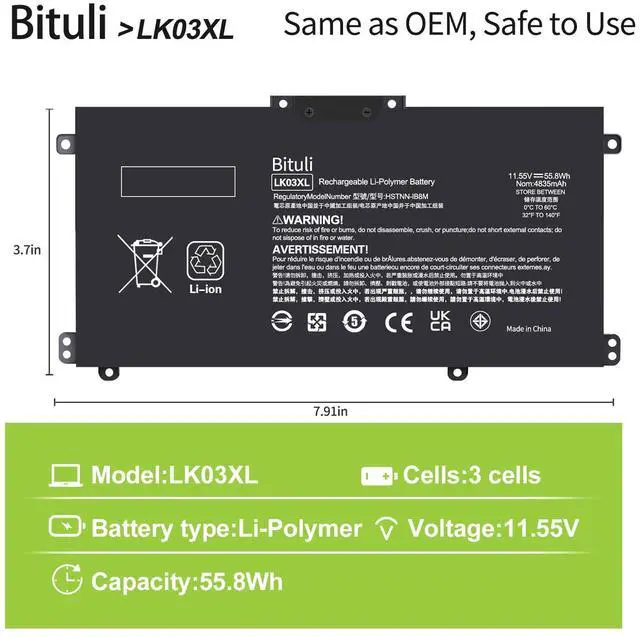 Alt view image 2 of 5 - Bituli LK03XL L09281-855 916814-855 Battery for HP Envy X360 Convertible 15-bp0xx 15-bq0xx 15-cn0xxx 15m-cp0xxx 17-ae0xx 17-bw0xxx Rechargeable LKO3XL LK03048XL 55.8Wh 4835mAh 11.55V