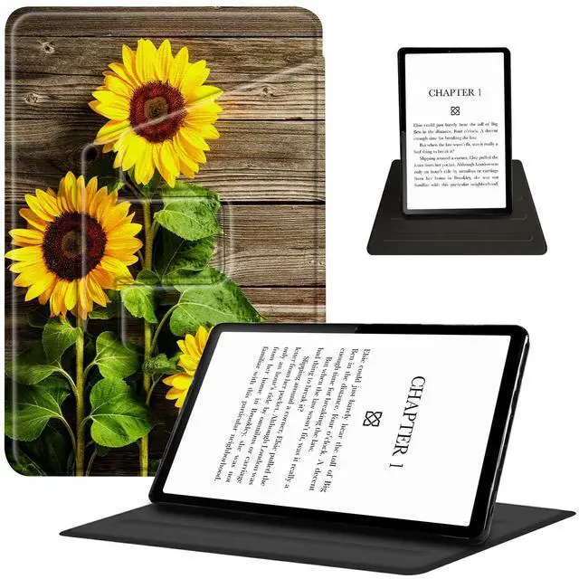 Main image of Case for  6.8" Kindle Paperwhite(11th Generation 2021 Release) 360 Degree Rotating Swivel Stand PU Leather Cover with Auto Wake Sleep, Plank Sunflower