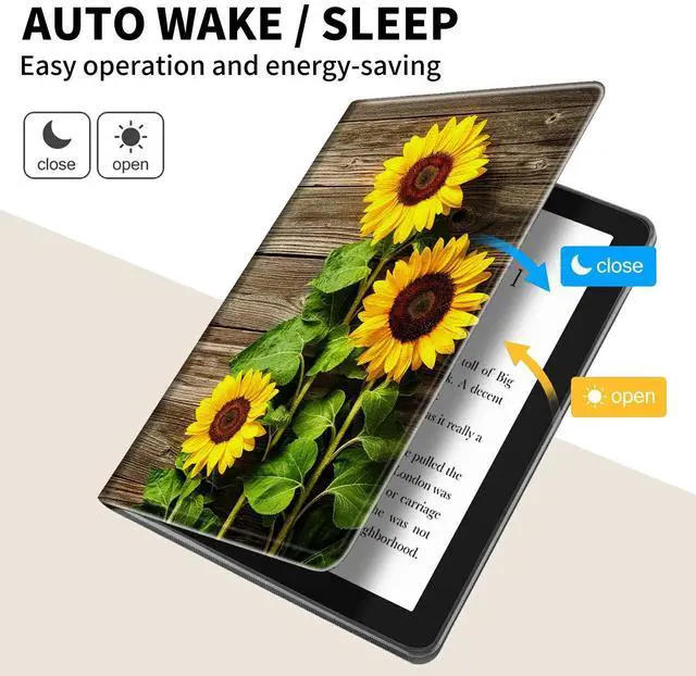 Alt view image 4 of 5 - Case for  6.8" Kindle Paperwhite(11th Generation 2021 Release) 360 Degree Rotating Swivel Stand PU Leather Cover with Auto Wake Sleep, Plank Sunflower