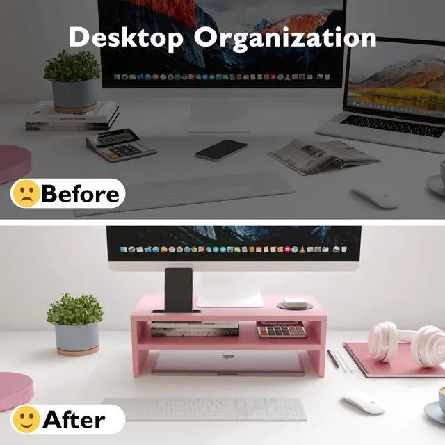 Alt view image 2 of 5 - BONTEC Monitor Stand Riser, 2 Tiers Wood Monitor Riser Stand with Storage Organizer, Desktop Ergonomic Monitor Stand Riser with Cellphone Holder and Cable Management, 16.7 Inch Shelf, Pink
