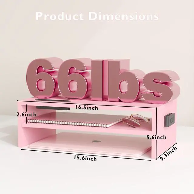 Alt view image 3 of 5 - BONTEC Monitor Stand Riser, 2 Tiers Wood Monitor Riser Stand with Storage Organizer, Desktop Ergonomic Monitor Stand Riser with Cellphone Holder and Cable Management, 16.7 Inch Shelf, Pink
