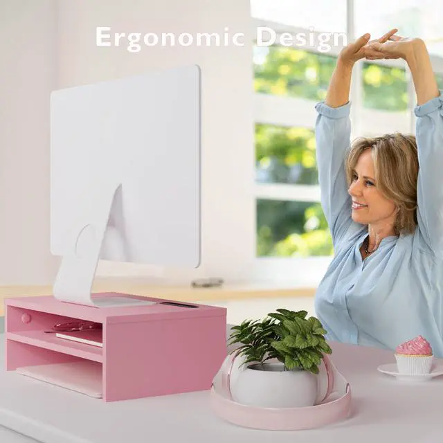 Alt view image 4 of 5 - BONTEC Monitor Stand Riser, 2 Tiers Wood Monitor Riser Stand with Storage Organizer, Desktop Ergonomic Monitor Stand Riser with Cellphone Holder and Cable Management, 16.7 Inch Shelf, Pink