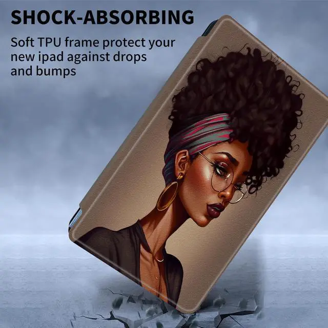 Alt view image 3 of 5 - Case for  Fire HD 10 Tablet (9th/7th/5th Generation,2019/2017/2015 Release) 360 Degree Rotating Swivel Stand PU Leather Cover with Auto Wake Sleep, African American Girl