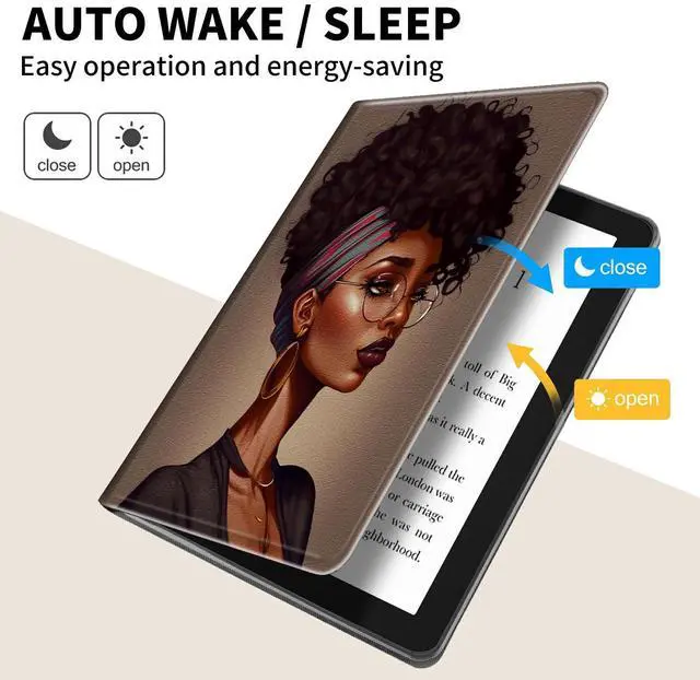 Alt view image 4 of 5 - Case for  Fire HD 10 Tablet (9th/7th/5th Generation,2019/2017/2015 Release) 360 Degree Rotating Swivel Stand PU Leather Cover with Auto Wake Sleep, African American Girl