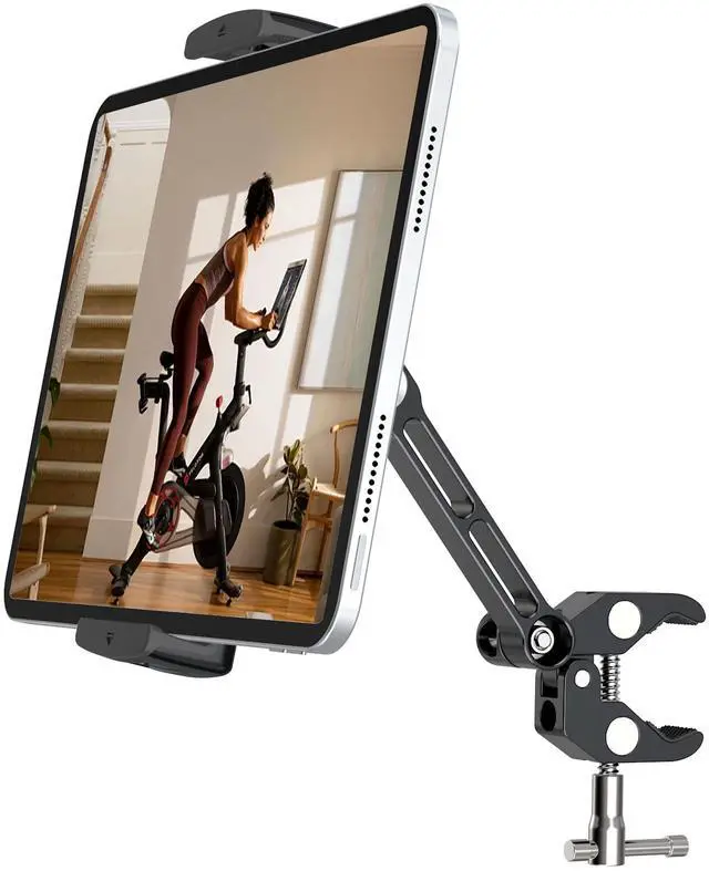 Main image of Aluminium Tablet Mount Clamp for Spin Bike, Stationary Bicycle, Treadmill, Stroller Indoor Bike, Peloton, Elliptical - Compatible with 4-13" Tablet, iPad Pro, Air, Mini, Galaxy Tab