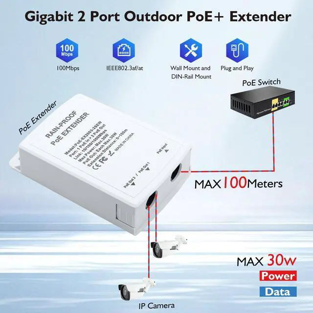 Alt view image 2 of 5 - CENTROPOWER 2-Port Gigabit Outdoor PoE Switch/Extender 10/100/1000Mbps, 30W 48V  IEEE 802.3af/at, PoE Repeater for Long-Range Ethernet Network Expansion