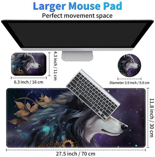 Alt view image 2 of 5 - BPQOJB Laptop Mouse Pad 27.5 x 11.8 inch & Small Wrist Rests with Coasters and Galaxy Cute Wolf Printed Design Ergonomic Mouse Pad with Wrist Rest Memory Foam for Easy Typing Pain Relief