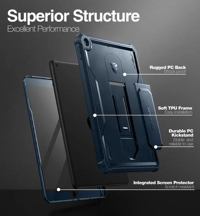 Alt view image 3 of 5 - Dexnor for iPad 9th /8th /7th Generation Case 10.2 Inch, [Built in Screen Protector & Kickstand] with Pen Holder Heavy Duty Shockproof Full Body Protective Cover for iPad 9th Generation Case (Blue)