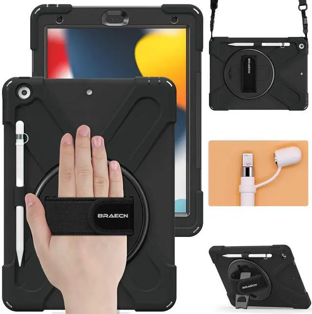 Main image of BRAECN for iPad 9th Generation Case10.2 inch,iPad 8th/7th Gen Kids Protective Case with Hand Strap,Kickstand, Shoulder Strap, Pencil Holder, Pencil Cap for iPad 9th Gen 2021/2020/2019(Black)