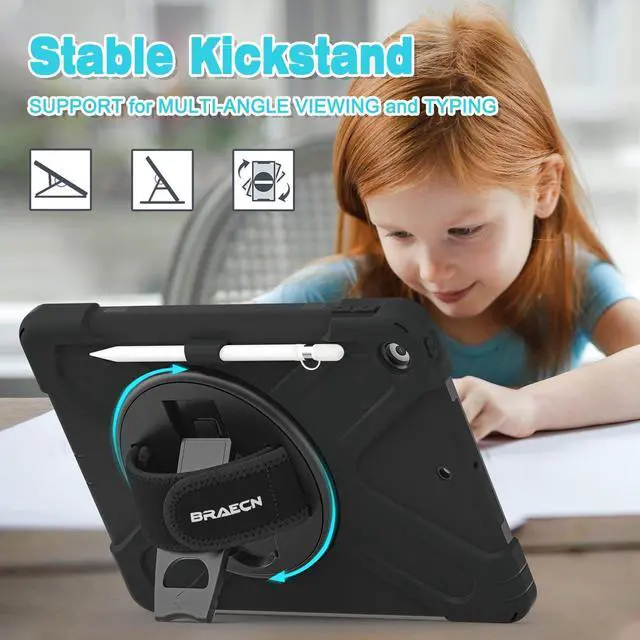 Alt view image 3 of 5 - BRAECN for iPad 9th Generation Case10.2 inch,iPad 8th/7th Gen Kids Protective Case with Hand Strap,Kickstand, Shoulder Strap, Pencil Holder, Pencil Cap for iPad 9th Gen 2021/2020/2019(Black)