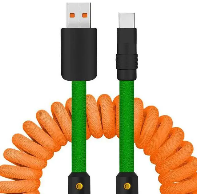 Main image of chubbycable Curly Chubby - 240W Coiled USB C Cable Spring Retractable Fast Charging Cable for Car Compatible with CarPlay, Android Auto, Orange+Green, USB-A to Type-C, 2.29FT-3.6FT