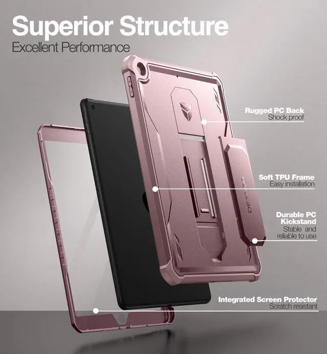 Alt view image 3 of 5 - Dexnor for iPad 9th /8th /7th Generation Case 10.2 Inch, [Built in Screen Protector & Kickstand] with Pen Holder Heavy Duty Shockproof Full Body Protective Cover for iPad 9th Generation Case (Pink)