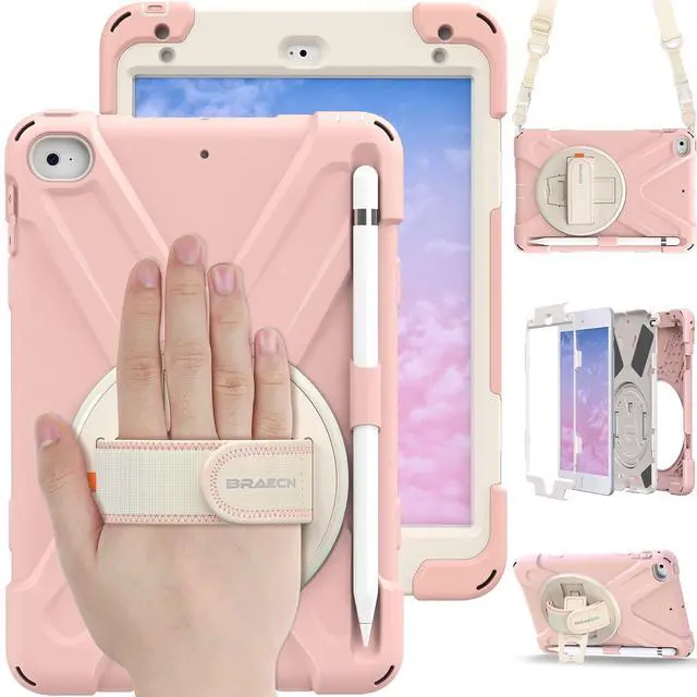 Main image of BRAECN for iPad Mini 5th Generation Case, iPad Mini 4 Case for Kids with Pencil Holder, Hand Strap, Shoulder Strap, Kickstand for Apple iPad Mini 5th Gen /4th Gen-Sakura Pink