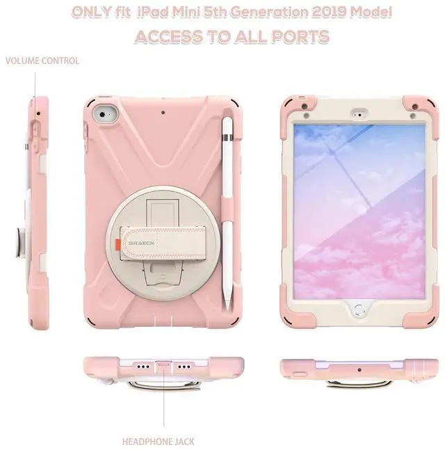Alt view image 5 of 5 - BRAECN for iPad Mini 5th Generation Case, iPad Mini 4 Case for Kids with Pencil Holder, Hand Strap, Shoulder Strap, Kickstand for Apple iPad Mini 5th Gen /4th Gen-Sakura Pink