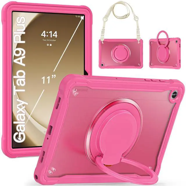 Main image of BRAECN Case for Samsung Galaxy Tab A9+ 11 inch (SM-X210/X216/X218) 2023 Shockproof Rugged Protective Cover with Pencil Holder/Rotate Stand/Shoulder Strap for Galaxy Tab A9 Plus Tablet, Rose Red