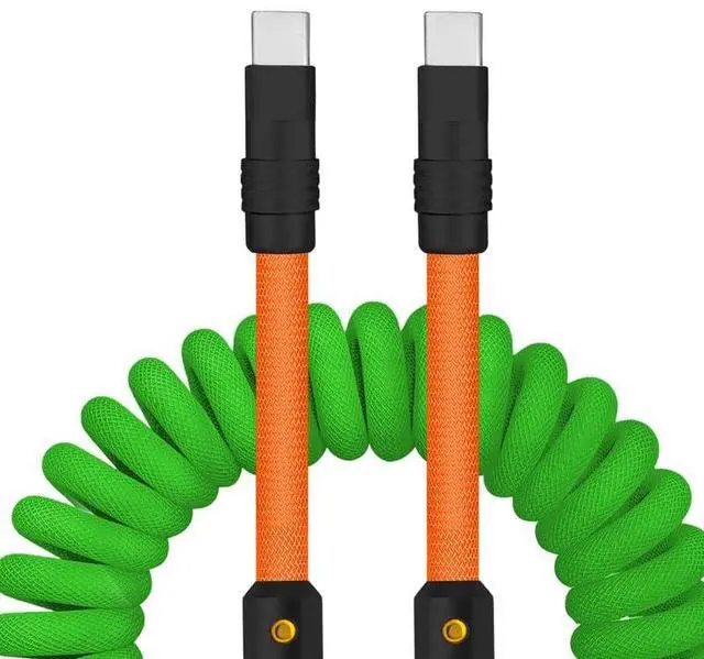 Main image of chubbycable Curly Chubby - 240W Coiled USB C Cable Spring Retractable Fast Charging Cable for Car Compatible with CarPlay, Android Auto, Green+Orange, Type-C to Type-C, 2.29FT-3.6FT
