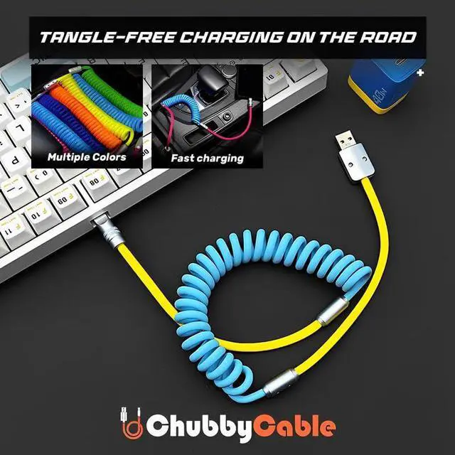 Alt view image 4 of 5 - chubbycable Curly Chubby - 240W Coiled USB C Cable Spring Retractable Fast Charging Cable for Car Compatible with CarPlay, Android Auto, Green+Orange, Type-C to Type-C, 2.29FT-3.6FT