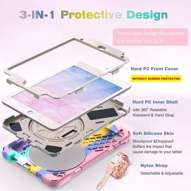 Alt view image 5 of 5 - BRAECN for iPad mini 5th Generation Case, iPad mini 4 Case for Kids with Hand Strap, Shoulder Strap, Kickstand, Pencil Holder for iPad mini 5th/Mini 4th Gen 7.9'' -Light Rainbow