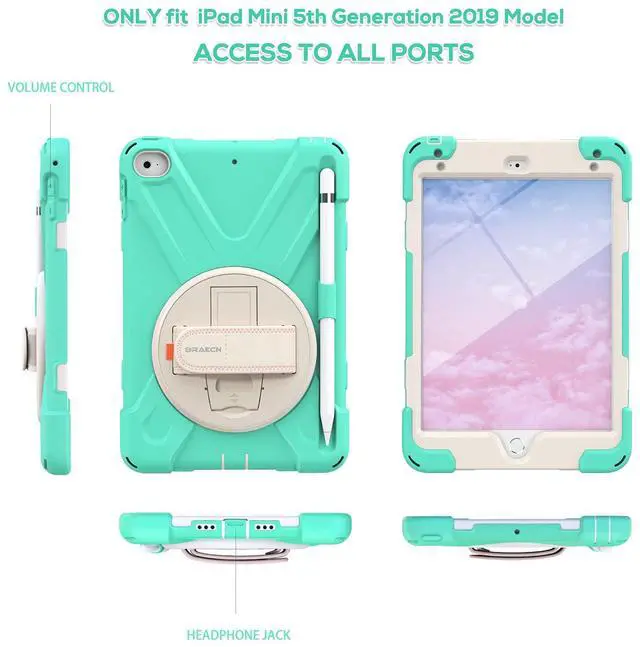 Alt view image 5 of 5 - BRAECN for iPad Mini 5th Generation Case Kids, iPad Mini 4 Case Cover with Hand Strap, Kickstand, Pencil Holder, Shoulder Strap for Apple Mini iPad 4/5 Gen -Mint Green