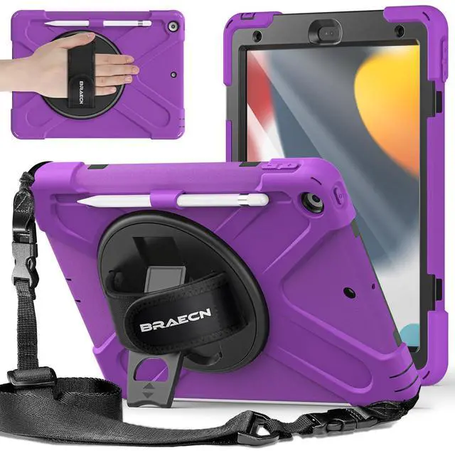 Main image of BRAECNstock for Apple iPad 9th/ 8th/ 7th Generation Case 10.2" Shockproof Protective Kids Case with Screen Protector, Pencil Holder, Rotating Stand+Hand Strap, Shoulder Strap, Purple