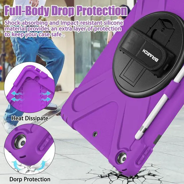Alt view image 3 of 5 - BRAECNstock for Apple iPad 9th/ 8th/ 7th Generation Case 10.2" Shockproof Protective Kids Case with Screen Protector, Pencil Holder, Rotating Stand+Hand Strap, Shoulder Strap, Purple