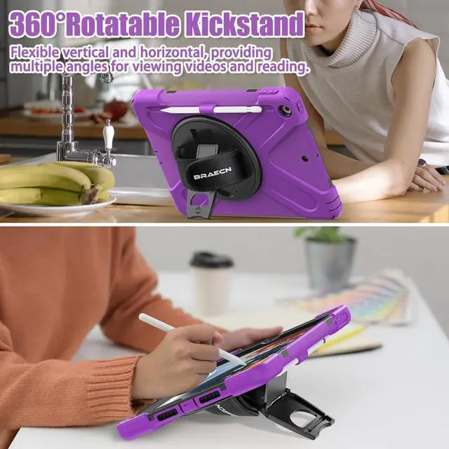 Alt view image 5 of 5 - BRAECNstock for Apple iPad 9th/ 8th/ 7th Generation Case 10.2" Shockproof Protective Kids Case with Screen Protector, Pencil Holder, Rotating Stand+Hand Strap, Shoulder Strap, Purple