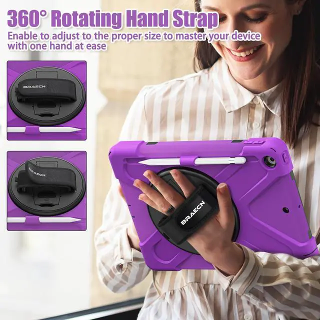 Alt view image 4 of 5 - BRAECNstock for Apple iPad 9th/ 8th/ 7th Generation Case 10.2" Shockproof Protective Kids Case with Screen Protector, Pencil Holder, Rotating Stand+Hand Strap, Shoulder Strap, Purple