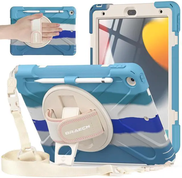 Main image of BRAECNstock for Apple iPad 9th/ 8th/7th Generation Case 10.2" 2021/2020/ 2019 Shockproof Protective Case with Screen Protector, Pencil Holder, 360deg Rotating Hand Strap + Stand, Colorful Blue