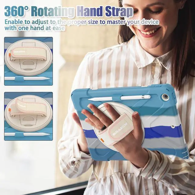 Alt view image 3 of 5 - BRAECNstock for Apple iPad 9th/ 8th/7th Generation Case 10.2" 2021/2020/ 2019 Shockproof Protective Case with Screen Protector, Pencil Holder, 360deg Rotating Hand Strap + Stand, Colorful Blue