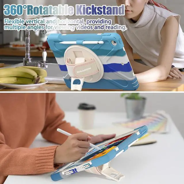 Alt view image 4 of 5 - BRAECNstock for Apple iPad 9th/ 8th/7th Generation Case 10.2" 2021/2020/ 2019 Shockproof Protective Case with Screen Protector, Pencil Holder, 360deg Rotating Hand Strap + Stand, Colorful Blue