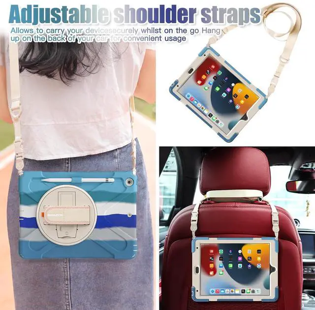 Alt view image 5 of 5 - BRAECNstock for Apple iPad 9th/ 8th/7th Generation Case 10.2" 2021/2020/ 2019 Shockproof Protective Case with Screen Protector, Pencil Holder, 360deg Rotating Hand Strap + Stand, Colorful Blue