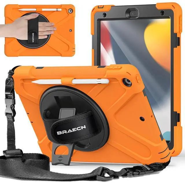 Main image of BRAECNstock for Apple iPad 9th/ 8th/ 7th Generation Case 10.2" 2021/2020/2019 Shockproof Protective iPad 10.2 Kids Case with Screen Protector, Pencil Holder, Rotating Stand + Hand Strap, Orange